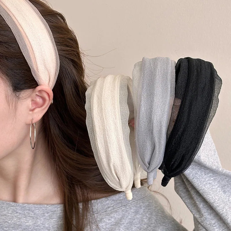 Mesh Chiffon Wide Brim Headband Women Girls Elegant Hair Hoop Beauty Makeup Headband Sweet Headdress Headwear Style Accessories