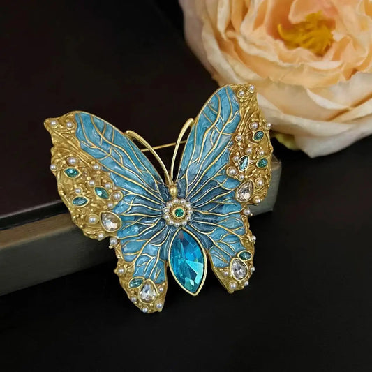 Exaggerated Beauty Vintage Blue Pink Butterfly Brooch Large Size Heavy Production Jewelry Accessories Lady Delicate Pin Corsage